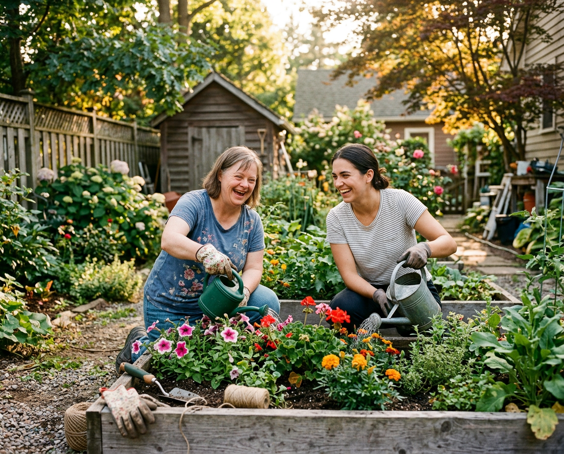 Gardening together in a sunny backyard