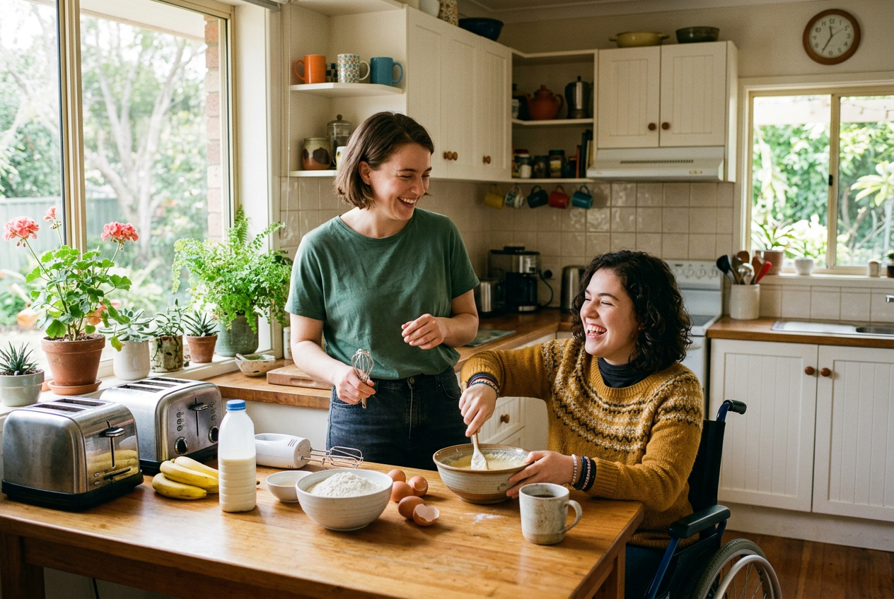 Support worker and participant sharing time together at home