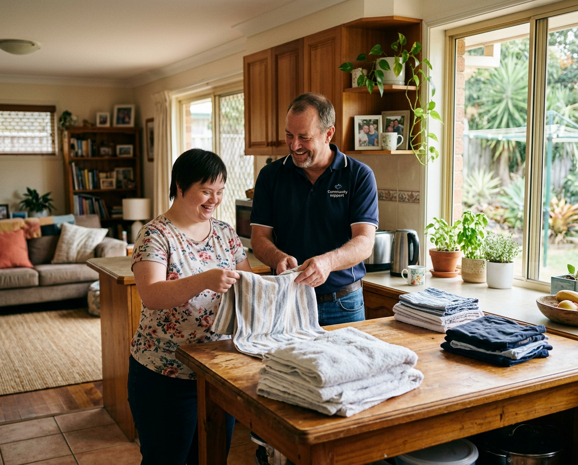 Support worker and participant folding laundry together at home