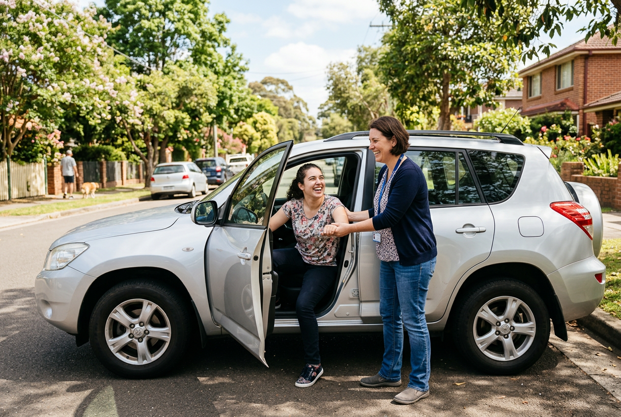 Transport support helping a participant get into a car